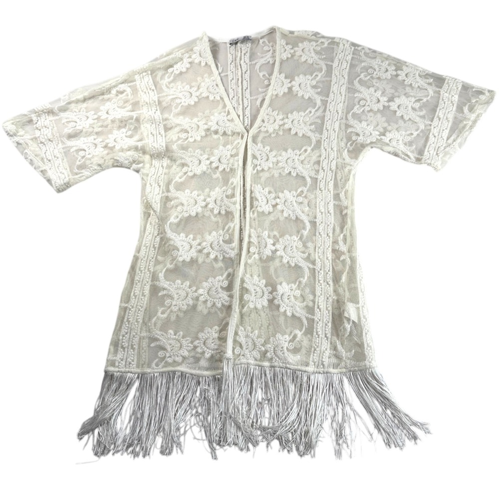 Sheer Lace Kimono Swim Cover Up Sz XS Fringe Hem Ivory Boho Festival Beach Layer - Picture 5 of 8